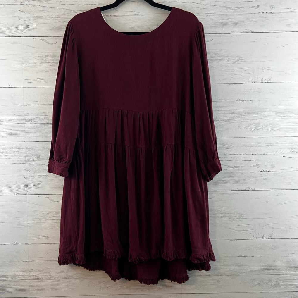 Umgee Burgundy Linen Blend Long Sleeve Dress Size L